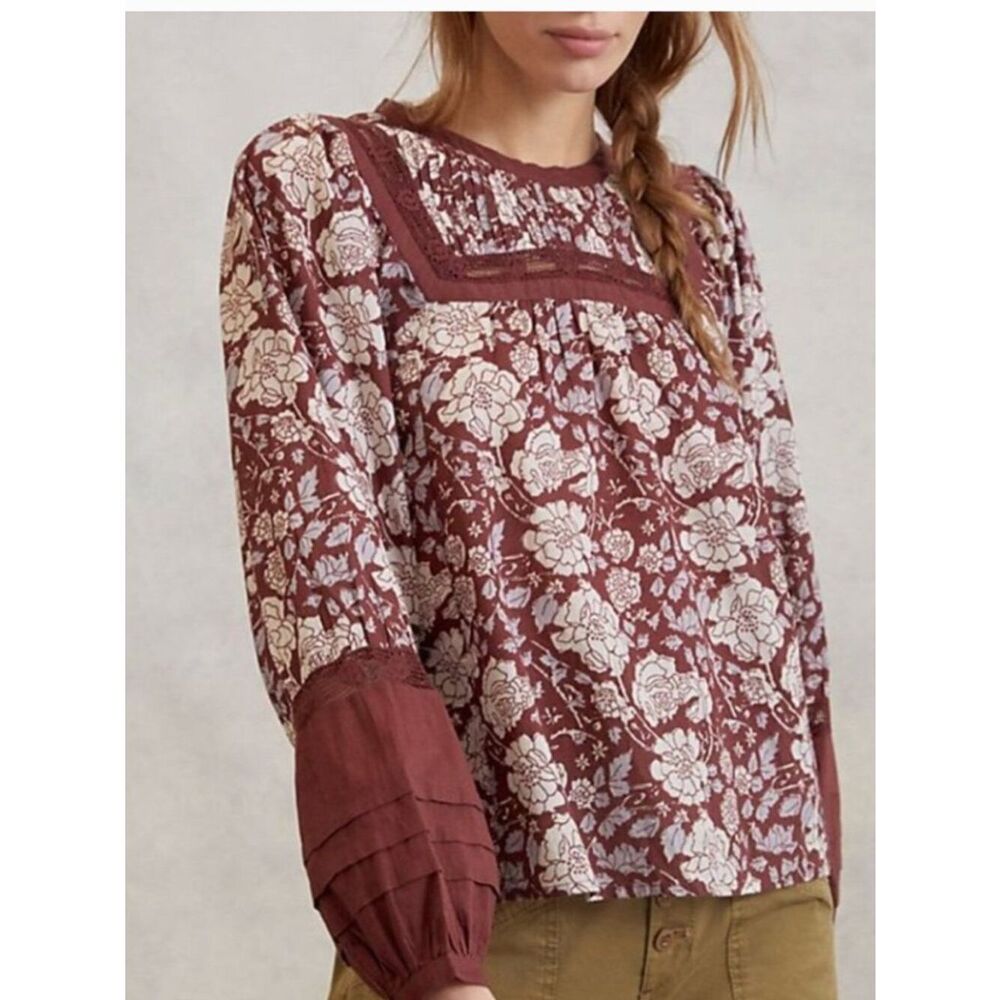 Cleobella Floral Cotton Boho Blouse Small Burgundy Puff Sleeve Peasant Top